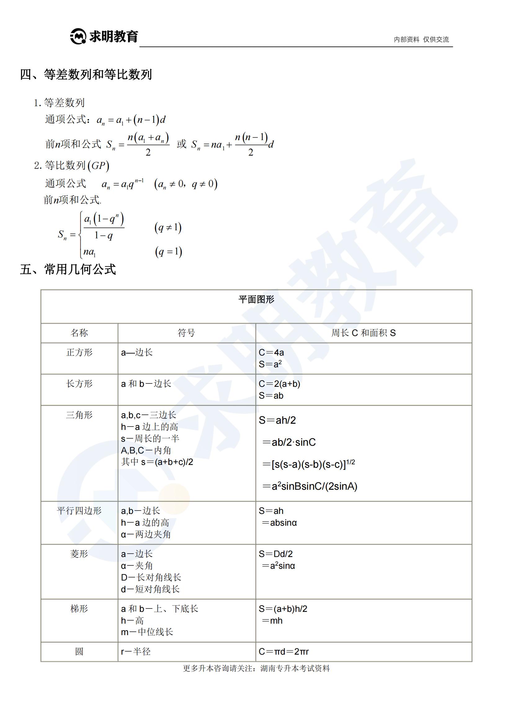 湖南专升本高等数学公式4