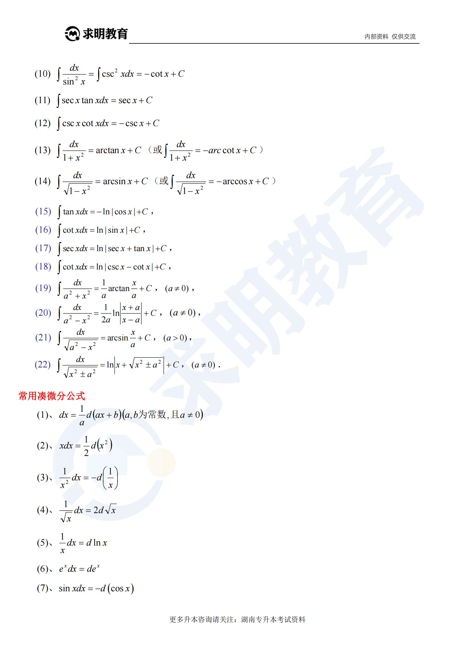 湖南专升本高等数学公式12